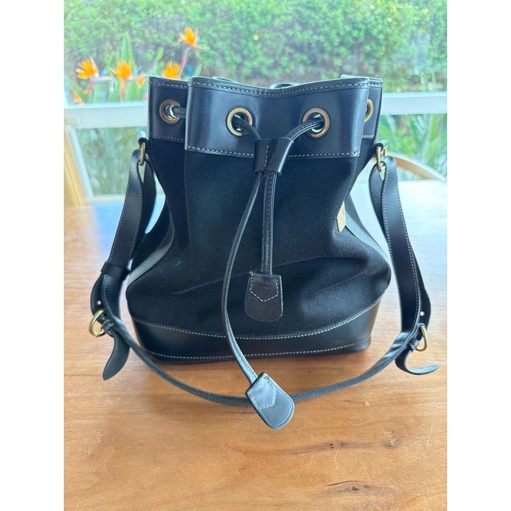 Vintage Dooney & Bourke Made in USA Black Canvas and Leather Drawstring Bucket B